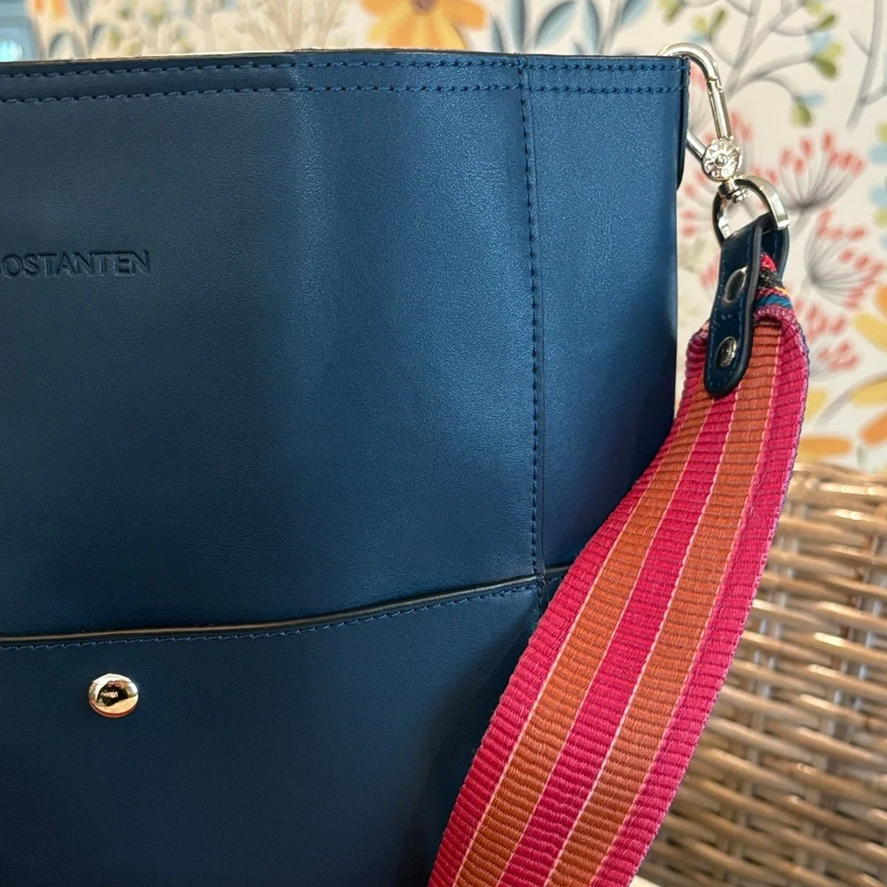Bostanten Lotty Leather Hobo Bag in Navy Blue with Colorful Strap - Picture 4 of 14